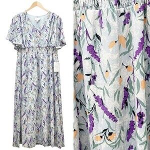 NWT Bohme Dress Flutter Sleeve Floral Midi Dress Slate Lavender Size Medium NEW